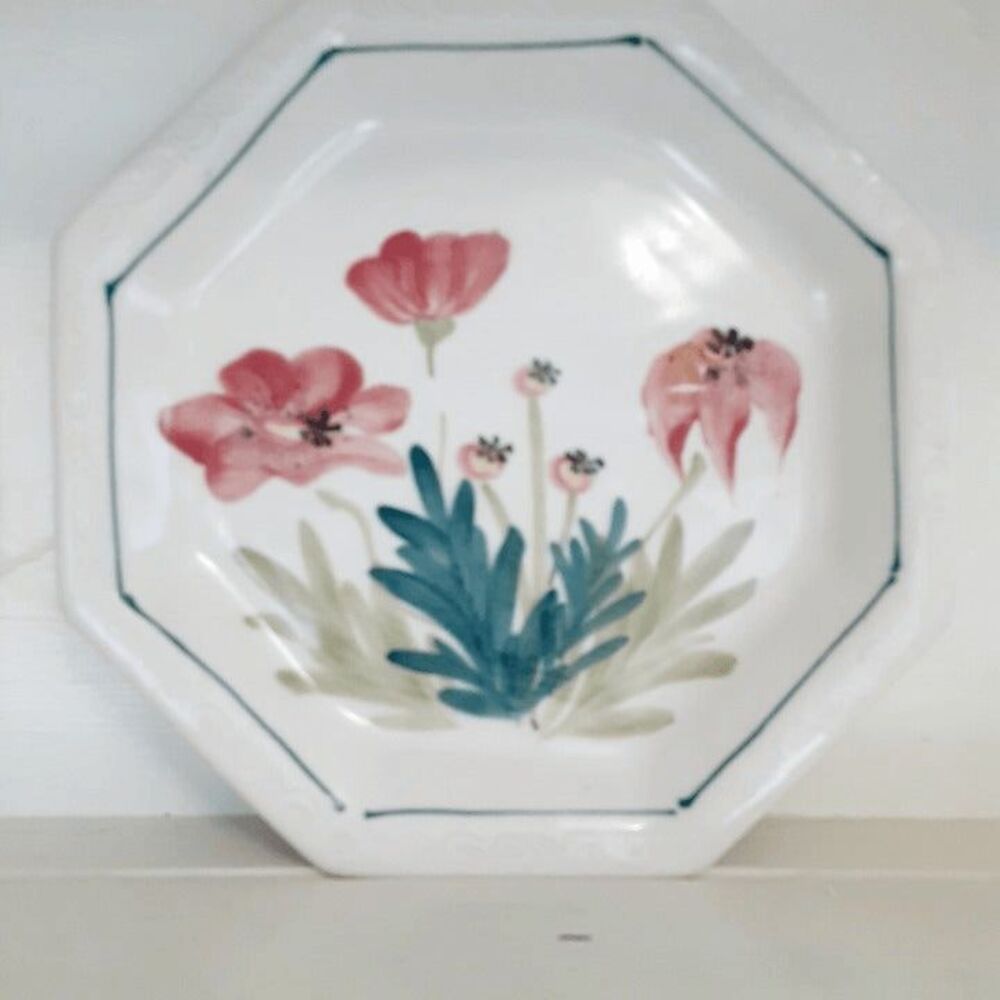 2 Artisan Studio Pottery Octagonal Luncheon Plates 9" Pink Floral Hand Painted